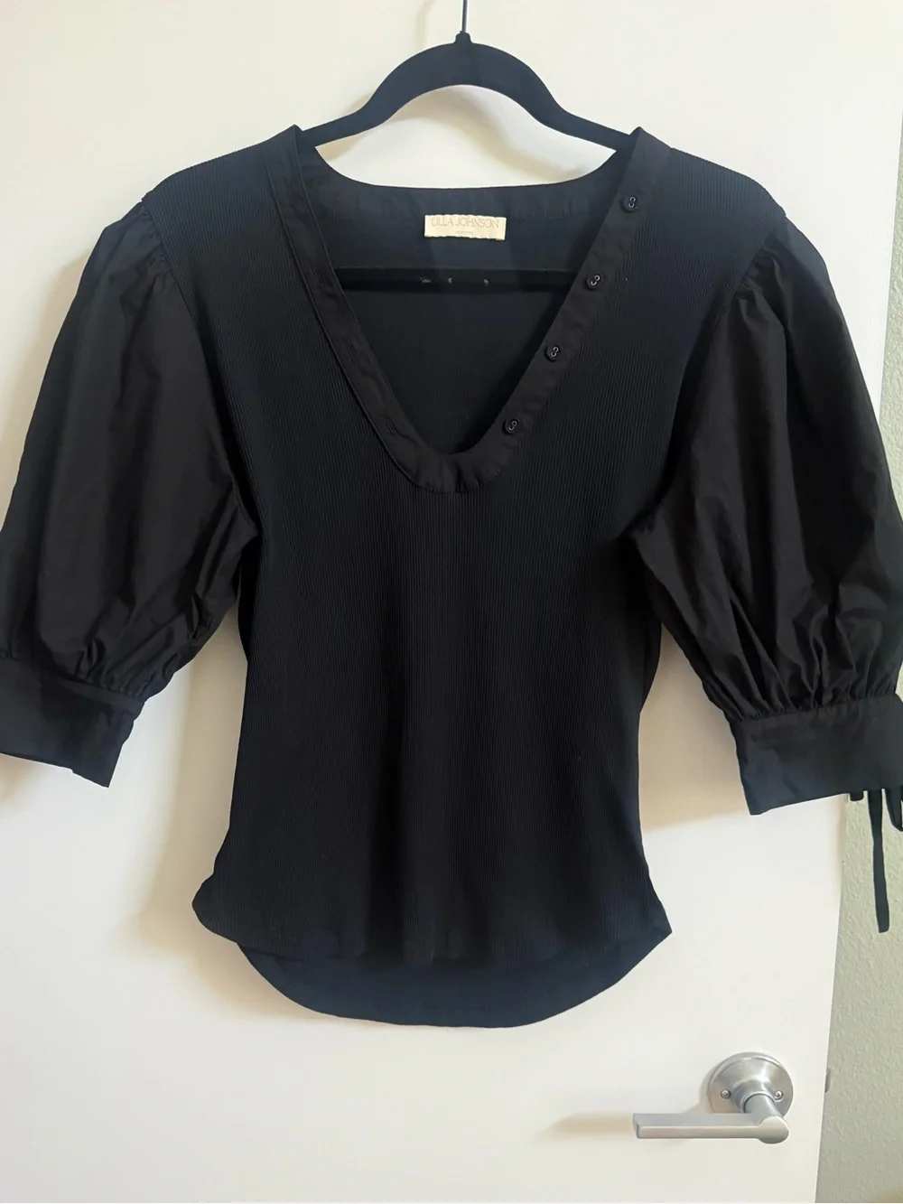 ULLA JOHNSON Puff Sleeve Ribbed Blouse Black XL (Fits more like a Large)